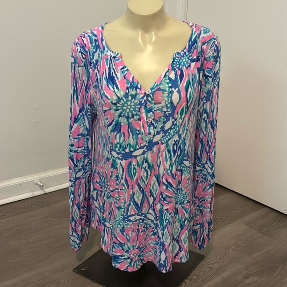 Lilly Pulitzer Pink and Blue Print Long Sleeve Tunic - Picture 1 of 5